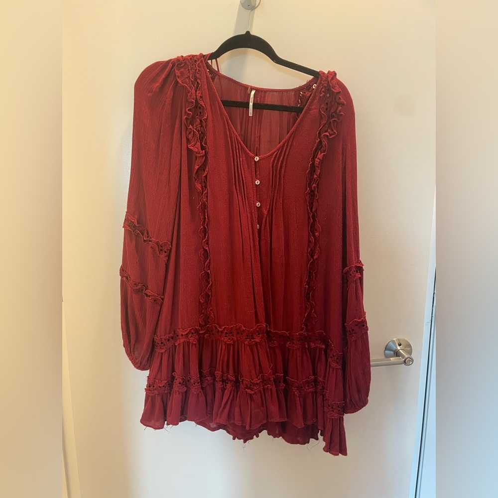 XS Long Sleeve Boho Red Mini Dress Free People Women’s Extra Small
